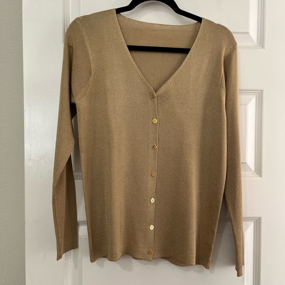 Metallic V-Neck Button-Up Cardigan Golden Wheat Holiday - Picture 7 of 8